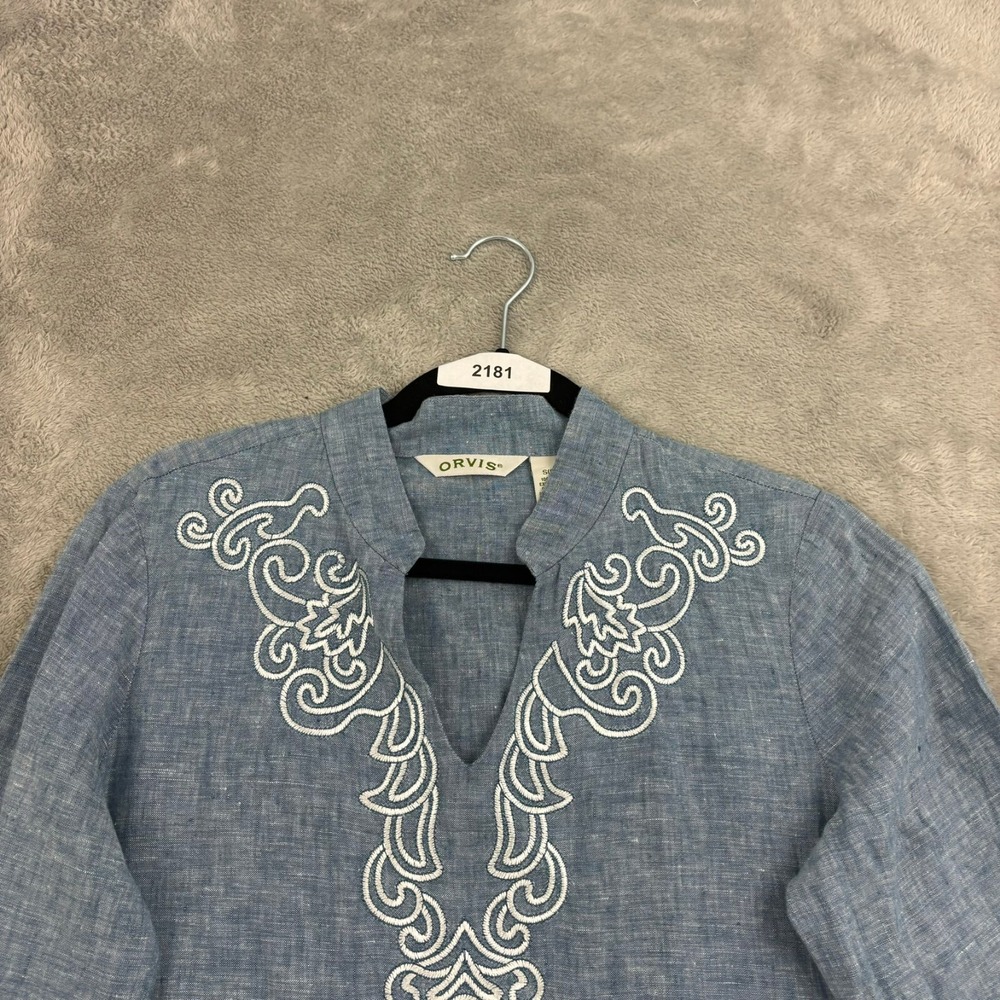 Orvis Embroidered Linen Tunic Top Womens S (6/8) Blue 3/4‎ Sleeve Lagenlook Boho - Picture 3 of 15